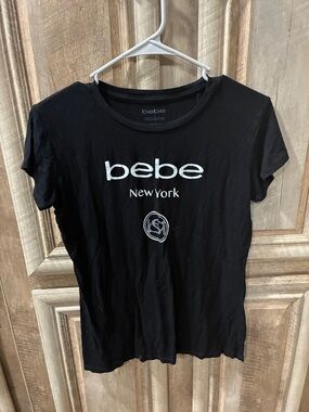 Bebe Brand Black Color Short Sleeve Logo Tee with White Print